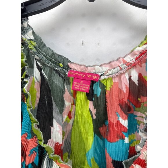 Sunny Leigh XL Watercolor Floral Ruffle Blouse Sheer Short Sleeve Artsy Colorful - Picture 3 of 6